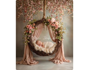 Newborn Digital Backdrop Floral Swing Pink Boho – Baby Photography Background, Fine Art Cradle Photoshop Composite Overlay
