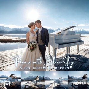 Piano Digital Photography Backdrop Blue Sky Backdrop Ice Mountain Portrait Digital Background Overlay Musical Piano Backdrop for Photography