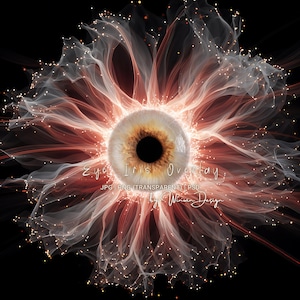 May include: Digital artwork of an eye overlay, showcasing a light brown iris and a dark pupil. The eye is encircled by a radiant, abstract design in red, orange, and white hues, dotted with small sparkles. Text reads "Eye Iris Overlay".