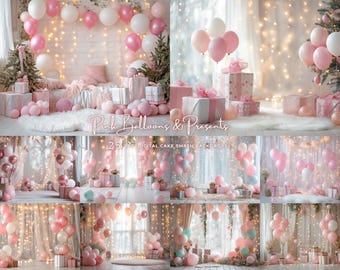 Pink Cake Smash Digital Backdrop, Baby Birthday Studio Background, Pink Balloons Party Scene, Pastel Photoshop Composite Overlay