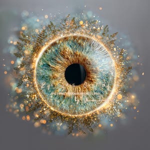 Può includere: Un overlay digitale dell'occhio con un'iride dettagliata nei toni del blu, verde e marrone, circondata da un anello dorato e luminoso ed elementi decorativi a forma di felce. Il testo "Eye Iris Overlay" è visibile.