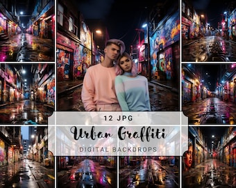 Pode incluir: Um conjunto de 12 fundos digitais com cenas de grafite urbano. As imagens mostram arte de grafite colorida em edifícios em um beco noturno e molhado, com reflexos no chão. O texto "Urban Graffiti" é exibido.