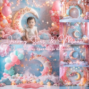 Dreamy Moon Digital Backdrop – Pastel Pink Balloons Cake Smash, Baby Birthday Photography, Family Portrait Overlay, Photoshop Composite