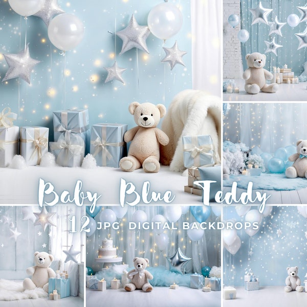 Baby Blue Teddy Digital Photography Backdrops Teddy Bear Baby Birthday Cake Smash Studio Backgrounds Pastel Blue Star Digital Backdrops