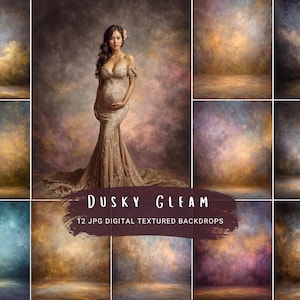 May include: A collection of 12 digital textured backdrops in various colors, including shades of gold, brown, blue, and purple. The image features a woman in a gold gown, and the text "Dusky Gleam" is displayed.