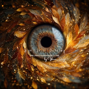 May include: A digital art image of a detailed eye overlay. The eye has a blue iris with a brown center, surrounded by golden and brown feather-like elements. The text "Eye Iris Overlay" is visible.