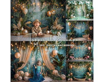 Cake Smash Tropical Jungle Digital Backdrop – Baby Birthday, Photoshop Overlay, Greenery Scene Photography Background Photoshop Composite