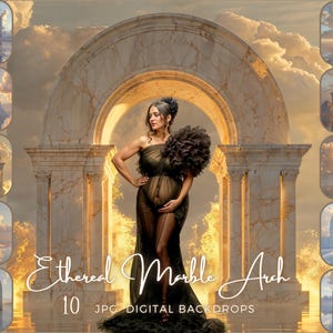 May include: Ten digital backdrops featuring a marble archway with a cloudy sky and a golden glow. The text "Ethereal Marble Arch" and "10 JPG DIGITAL BACKDROPS" is visible at the bottom of the image.