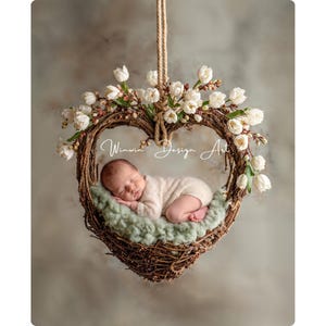 May include: A newborn baby sleeps peacefully inside a heart-shaped woven nest. The nest is adorned with white flowers and greenery, suspended by a rope. The baby is wrapped in a soft, light-colored outfit, resting on a bed of green fluff. The image has a soft, dreamy aesthetic.