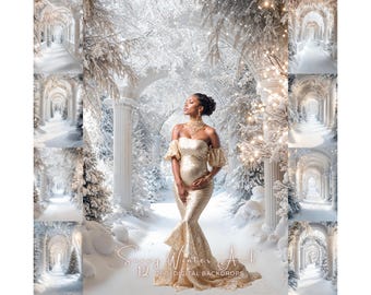 Digitale kerstachtergrond Snowy Arch – Winterfotografie-achtergrond, sneeuwscène voor familie- en moederschapsportret Photoshop-overlay