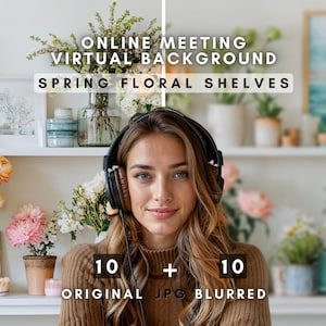 Spring Floral Shelves Zoom Background for Virtual Meetings, Spring Season Home Office Backdrop, Zoom Meeting Google Meet Virtual Background