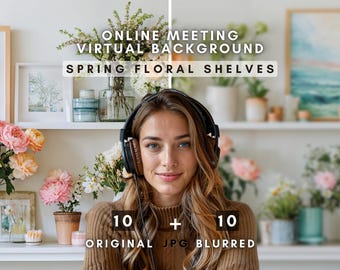 Spring Floral Shelves Zoom Background for Virtual Meetings, Spring Season Home Office Backdrop, Zoom Meeting Google Meet Virtual Background