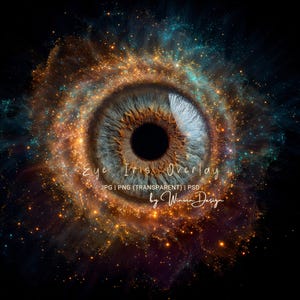 May include: A digital art image of an eye iris overlay. The eye has a blue and brown iris with a black pupil, surrounded by a galaxy of orange, gold, and teal stars. Text on the image reads "Eye Iris Overlay" and "by Winwin Design."