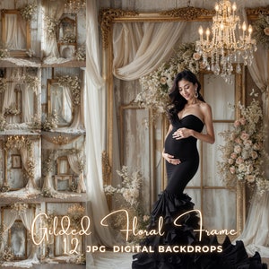 Gilded Floral Frame Maternity Digital Photography Backdrop Portrait Overlay Background Photoshoot White Photography Background Composite