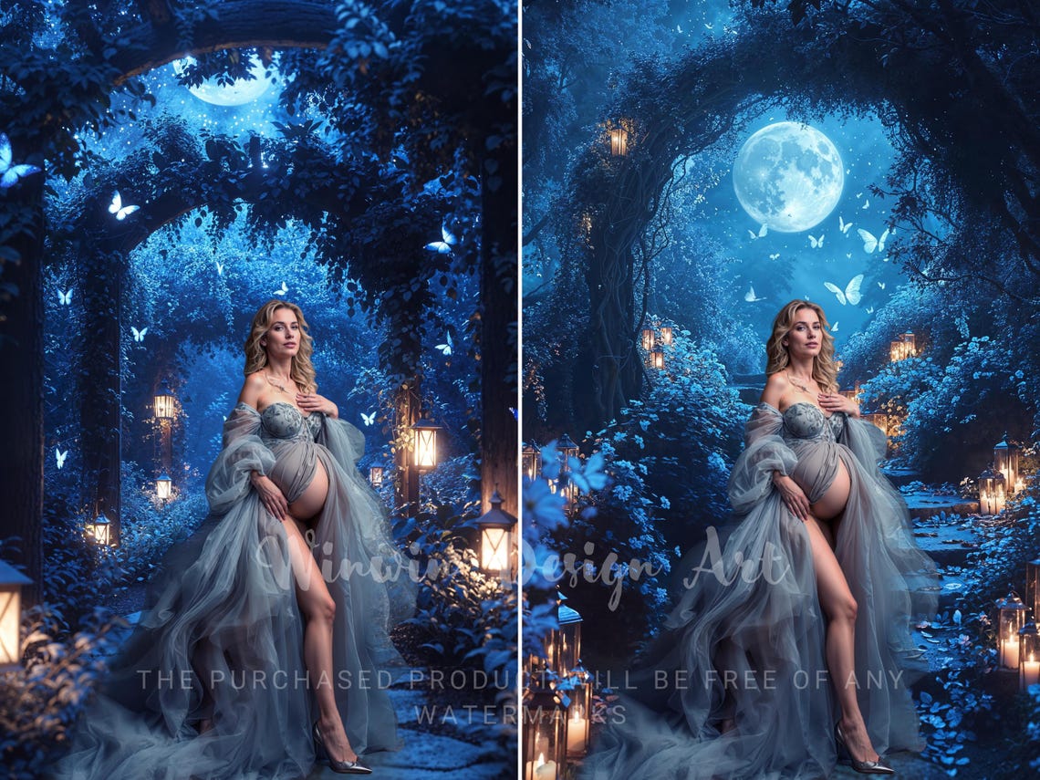 Moonlit Enchanted Garden Backdrop, Midnight Blue Photography Background ...