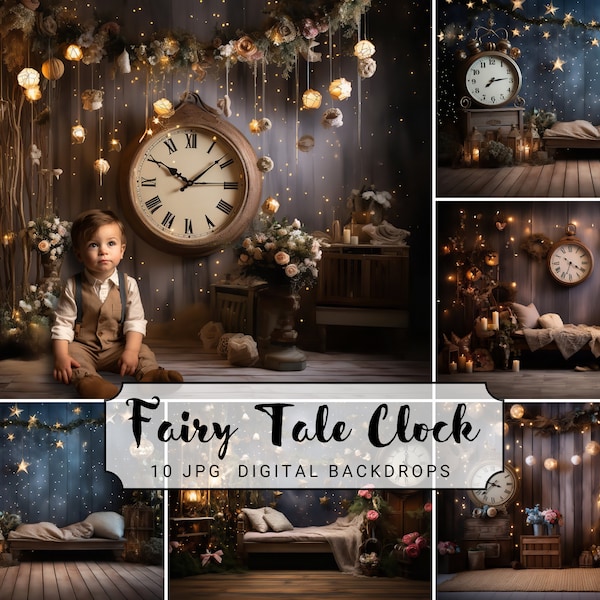 Fairy Tale Clock Digital Photography Backdrops Cake Smash Backdrop Baby Birthday Background Digital Studio Enchanted Background Smash Cake