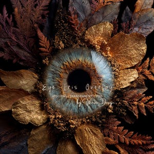 May include: An eye iris overlay design featuring a detailed eye with blue and brown hues, surrounded by gold and brown leaves and foliage. The text "Eye Iris Overlay" is visible, along with other text. The overall aesthetic is artistic and nature-inspired.