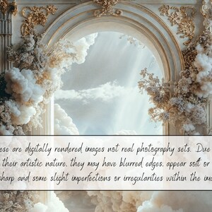May include: A digitally rendered image of a white ornate archway with white flowers and clouds. The text "These are digitally rendered images not real photography sets. Due to their artistic nature, they may have blurred edges, appear soft or unsharp and some slight imperfections or irregularities within the image." is at the bottom of the image.