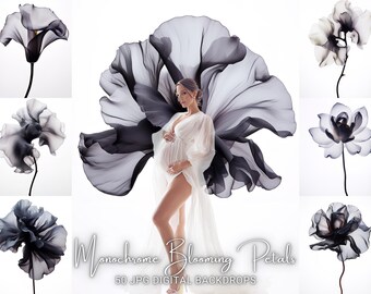 50 Black Floral Digital Backdrops, Blooming Flower Photography Background, Big Flower Overlay for Photography Editing
