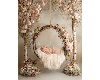 Newborn Floral Swing Digital Backdrop, Baby Portrait Photography Background, Soft Floral Overlay, Photoshop Composite JPG Download