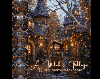 Halloween Digital Backdrop A Witch’s Village, Magical World Photography Background, Witch Hut Overlay, Photoshop Digital Children Composite
