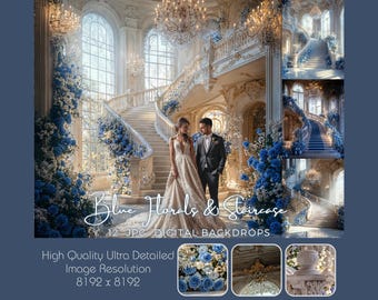 Blue Floral Staircase Digital Backdrop Elegant Bluel Background Castle Stairs Photography Overlay Photoshop Composite Family Portrait