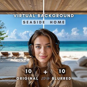 May include: A woman wearing headphones, with a virtual background of a seaside home. The background shows a beach with blue skies and ocean. Text on the image reads "Virtual Background Seaside Home" and "10 + 10 Original JPG Blurred".
