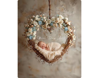 Digital Baby Valentine's Swing, Newborn Blue Floral Photography Background, Baby Boy Portrait Photoshop Overlay, Digital Backdrop JPG