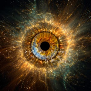 以下が含まれることがあります： 茶色、金、青の色合いの、詳細な虹彩を備えた目のオーバーレイデザイン。きらびやかな宇宙をテーマにした背景に囲まれています。画像には「Eye Iris Overlay」と「by Winwin Design」の文字が含まれています。