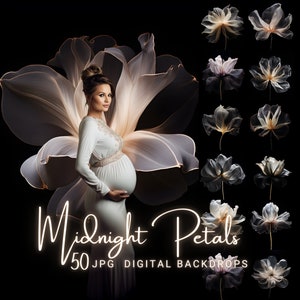 May include: A pregnant woman in a white dress stands in front of a large, translucent flower with glowing edges. The flower is made of petals in shades of gray and white. The text "Midnight Petals 50 JPG DIGITAL BACKDROPS" is at the bottom of the image.