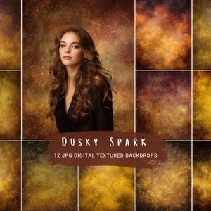 May include: A collection of 12 digital textured backdrops in shades of gold, brown, and purple. The image features a woman with long brown hair and the text "Dusky Spark". The backdrops have a speckled, glittery effect.