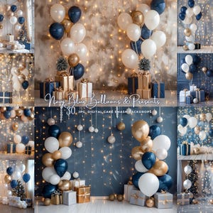 Blue Balloons Digital Photography Backdrop Blue Baby Birthday Cake Smash Studio Background Gold Digital Backdrop Photoshop Composite