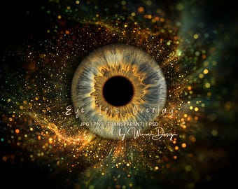 Eye Iris Overlay Background – Golden Green Glittering Eye Insert Photoshop Overlay, Stardust Backdrop JPG PNG PSD Transparent Composite File