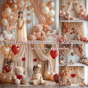 Digital Backdrop Teddy Bear Valentine – Baby Birthday Cake Smash Photography Background, Balloons Overlay Composite for Children Photoshoot