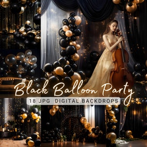 Black Balloon Party Digital Photography Backdrop Black Gold Balloon Cake Smash Backdrop Maternity Background Balloon Digital Background