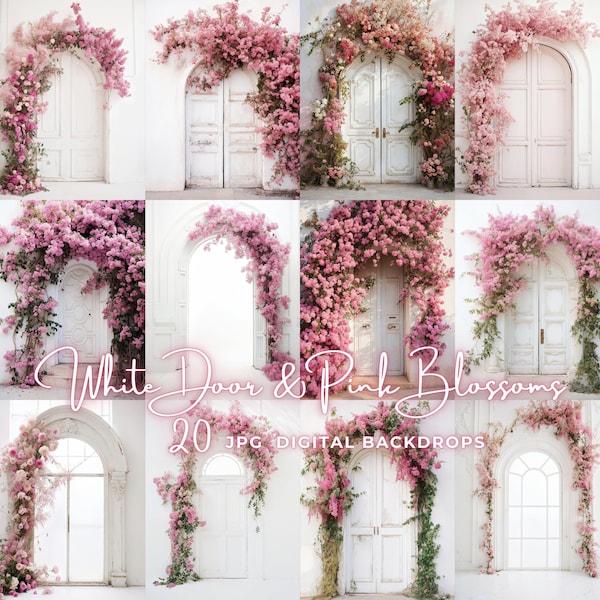 White Door Digital Photography Backdrop Pink Floral Digital Background Valentine Photography Background White Backdrops Digital Photoshoot