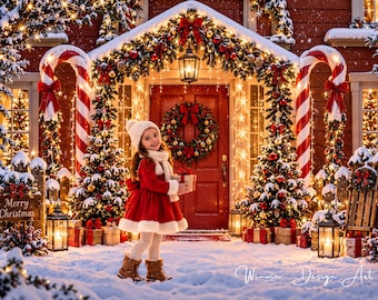 Christmas Door Candy Cane Digital Backdrop, Snowy Merry Christmas Photography Background, Family Maternity Kids Photoshop Overlay