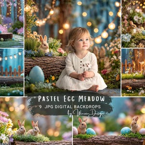 Easter Digital Photography Backdrop – Children Photography Background, Pastel Egg Garden with Rabbit, Spring Bunny Photoshop Overlay