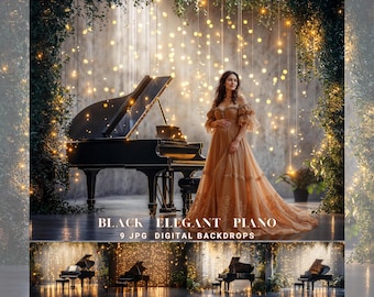 Black Piano Digital Photography Backdrop – Piano Stage Background for Maternity & Portrait Photography, Piano Photoshop Concert Overlay