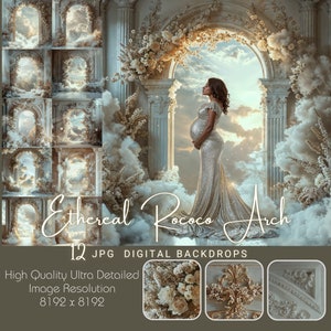 May include: Twelve digital backdrops featuring a white archway with clouds and a golden glow. The archway is adorned with white flowers and greenery. The text "Ethereal Rococo Arch" is written in cursive script below the archway. The image resolution is 8192 x 8192 pixels.