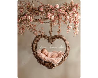 Digital Backdrop Floral Swing, Valentine's Newborn Photography Background, Baby Portrait Photoshop Overlay Composite Heart Shape Swing