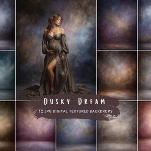 May include: A collection of 12 digital textured backdrops in various colors, including blue, brown, and purple. The image features a woman in a long, flowing gown, with the text "Dusky Dream".