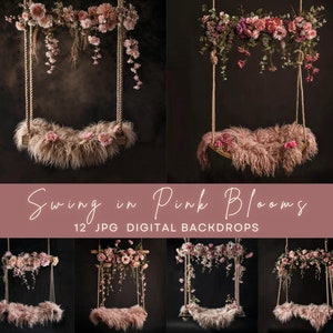 Pink Floral Swing Newborn Digital Photography Backdrop Newborn Photography Background Swing Photoshoot Backdrop Baby Digital Background