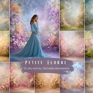 May include: A set of 12 digital textured backdrops with floral and pastel themes. The image shows a woman in a blue gown, surrounded by flowers. The backdrops have a soft, painterly style, suitable for photography.