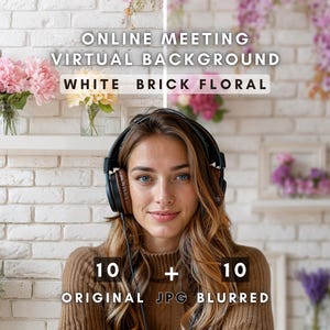 May include: A woman wearing headphones against a white brick wall with floral decorations. The image includes text that reads "ONLINE MEETING VIRTUAL BACKGROUND WHITE BRICK FLORAL" and "10 + 10 ORIGINAL JPG BLURRED".