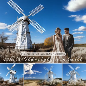 May include: A white old-style windmill with a couple standing in front of it. The windmill is in a field with white flowers and a blue sky with clouds. The text "6 JPG DIGITAL BACKDROPS White Old-style Windmill" is at the bottom of the image.