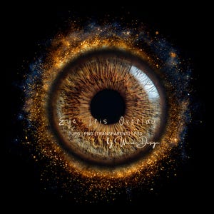 Könnte beinhalten: Ein detailliertes digitales Overlay einer braunen Augeniris, mit einer schwarzen Pupille und komplizierten Texturen. Das Auge ist von einem goldenen und blauen kosmischen Effekt umgeben, mit dem Text "Eye Iris Overlay" und weiteren Details.