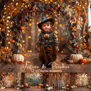 May include: A child in a witch costume stands before an autumnal backdrop. The scene features pumpkins, fall foliage, and a decorative arch. The text "Autumn & Pumpkins" is visible.