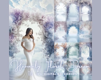 May include: A pregnant woman in a white dress stands in front of a floral archway. The archway is made of purple and white flowers and is set against a backdrop of a blue sky with clouds. The text "Heavenly Floral Dream 16 JPG DIGITAL BACKDROPS" is at the bottom of the image.