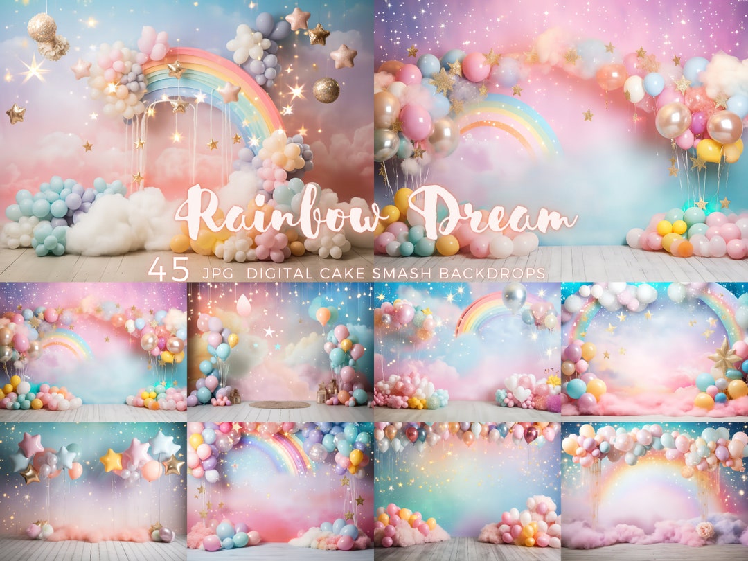 45 Rainbow Dream Cake Smash Photography Backdrop Balloons Cake Smash ...
